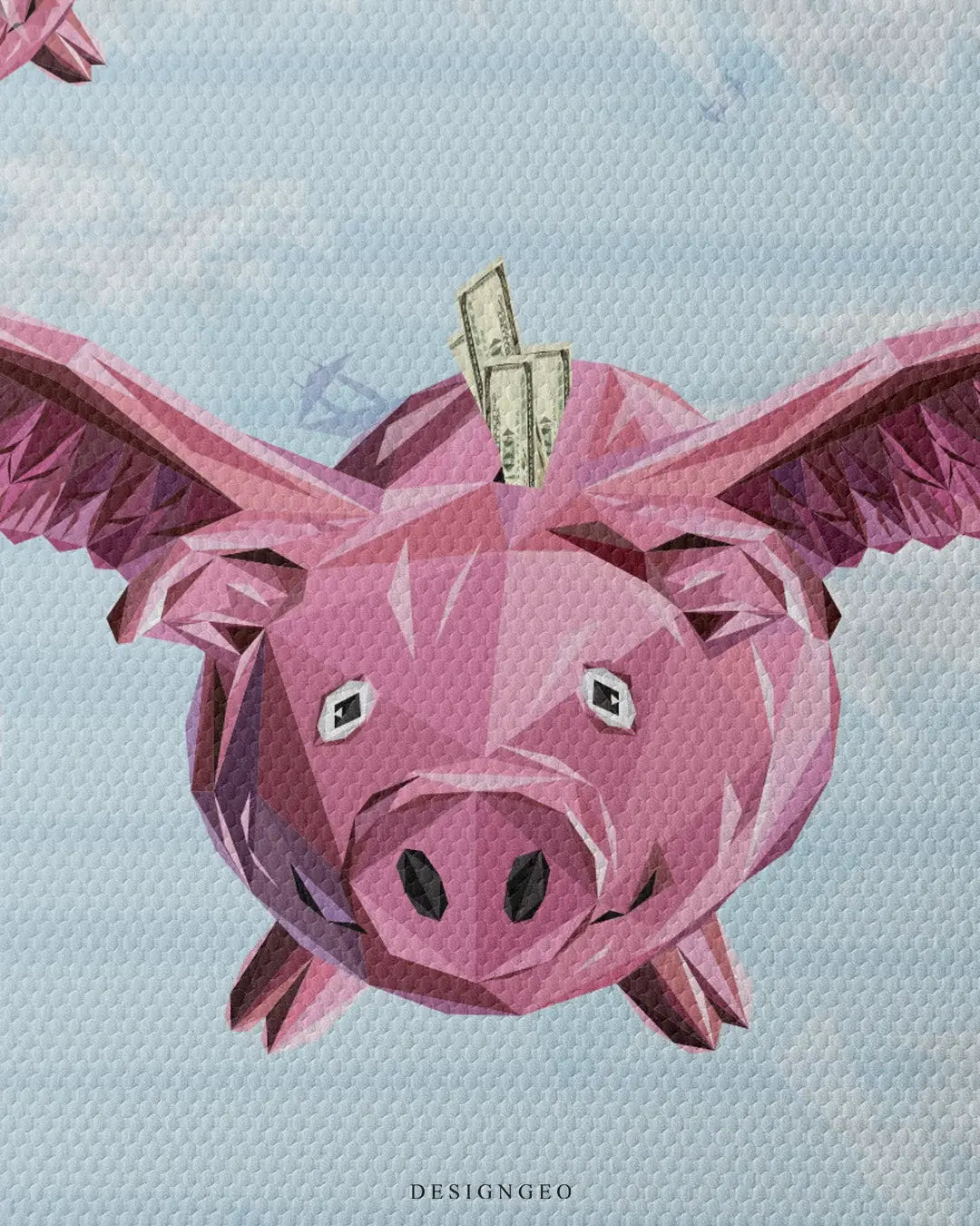 Creative illustration of winged piggy banks soaring through a clear sky towards floating money, symbolizing ambition and the pursuit of financial abundance
