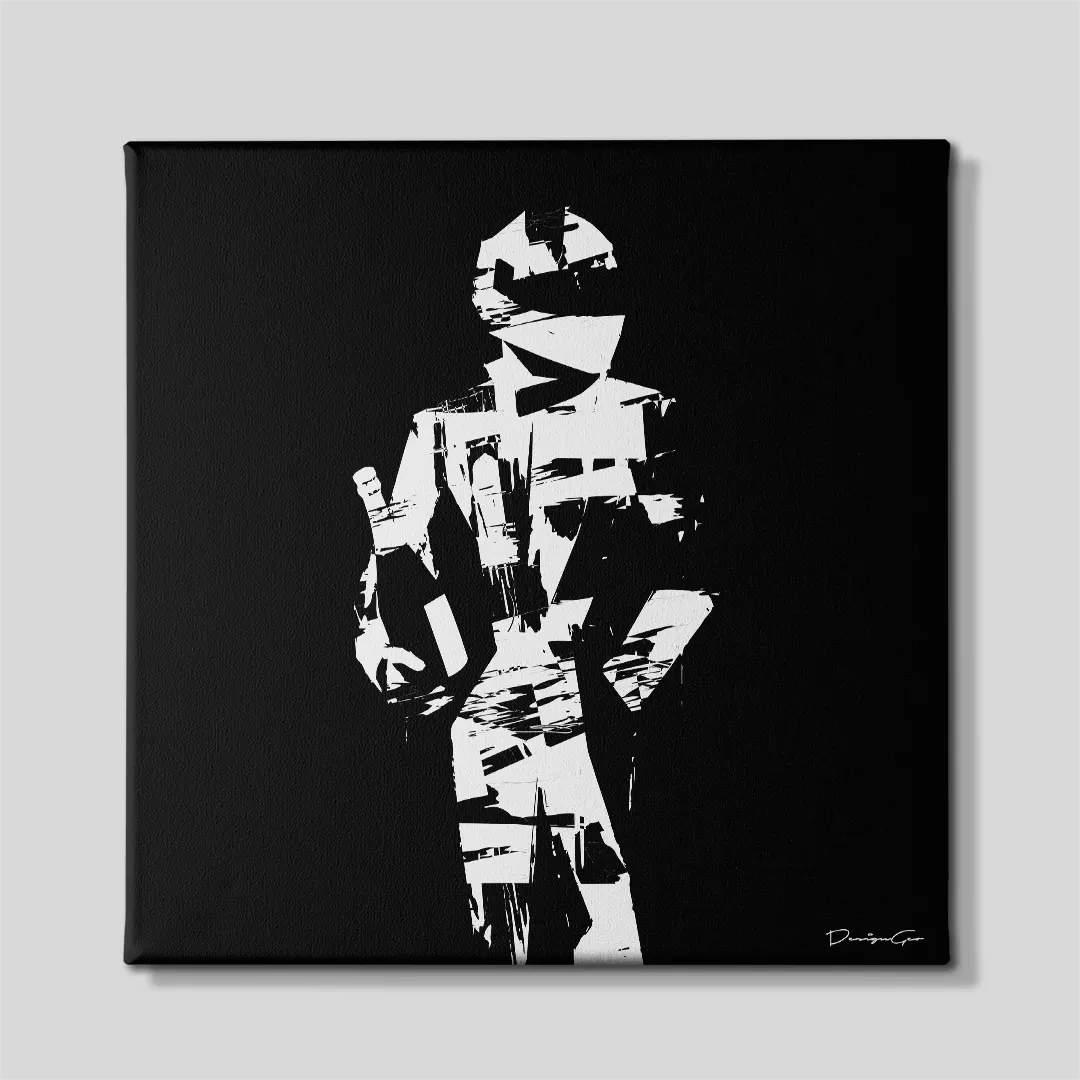 Front view of a square canvas print displaying a black and white minimalist silhouette of a racing driver wearing a helmet and suit while holding a champagne bottle
