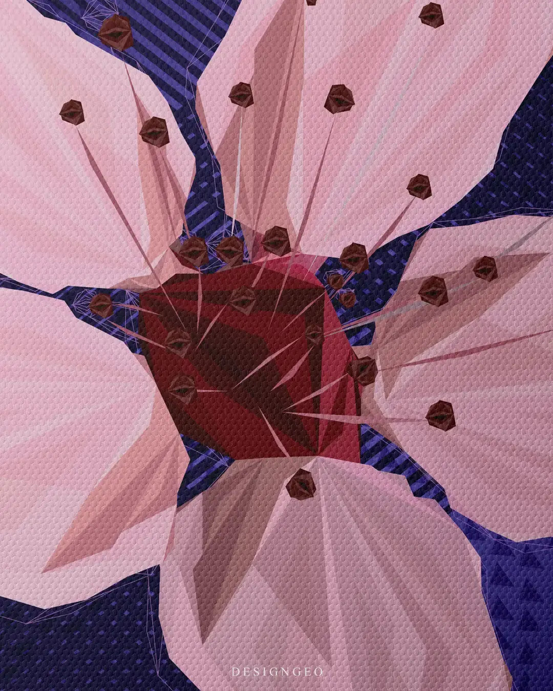 Close-up of minimalist botanical wall art featuring a detailed pink cherry blossom flower design with clean geometric lines on a clean purple background