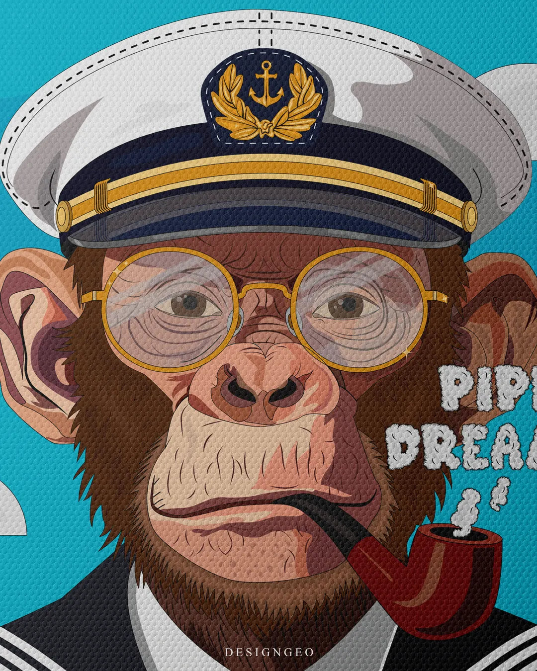 Close-up shot showing the detailed canvas surface texture, focusing on the chimpanzee's facial expression, gold round glasses, anchor crest captain hat, and smoking pipe