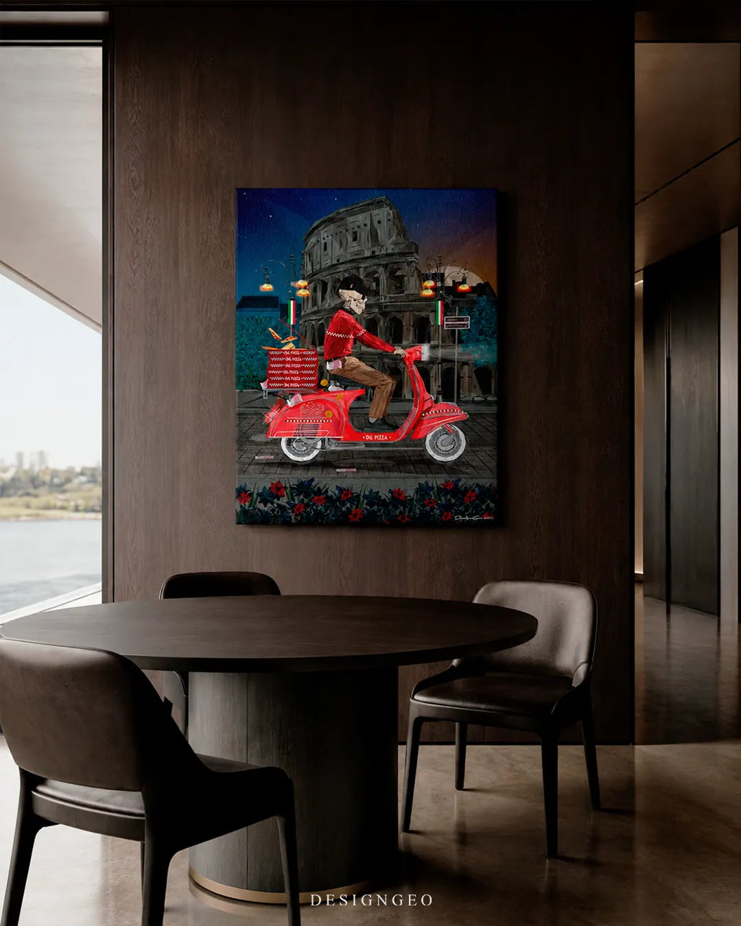 Vertical skeleton pizza delivery Vespa canvas wall art mounted on a dark wood panel wall in a luxury dining room with a round wooden table and dark leather chairs