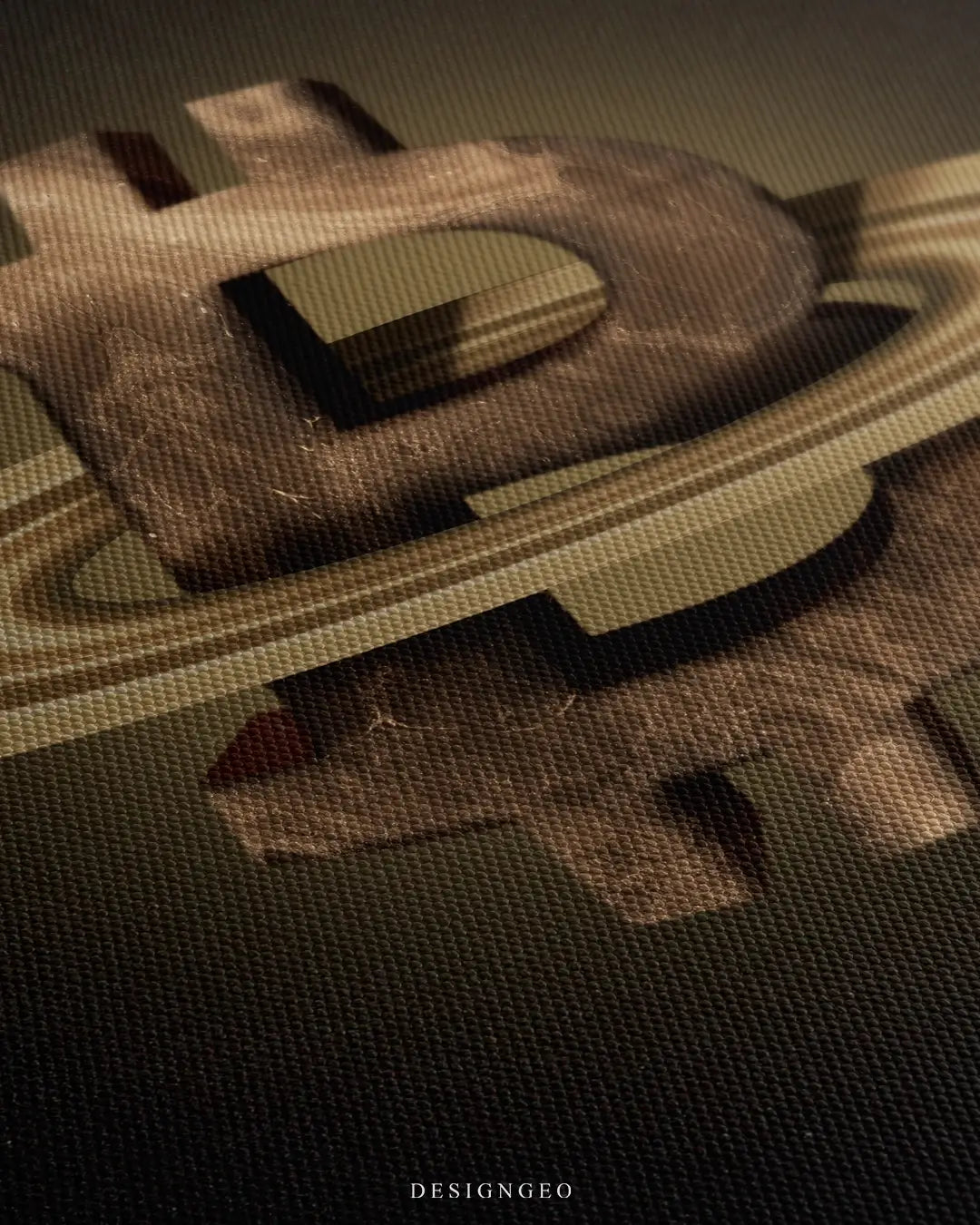 Close-up of minimalist crypto wall art featuring a golden planet shaped like the Bitcoin symbol with a cratered celestial texture on a solid black background
