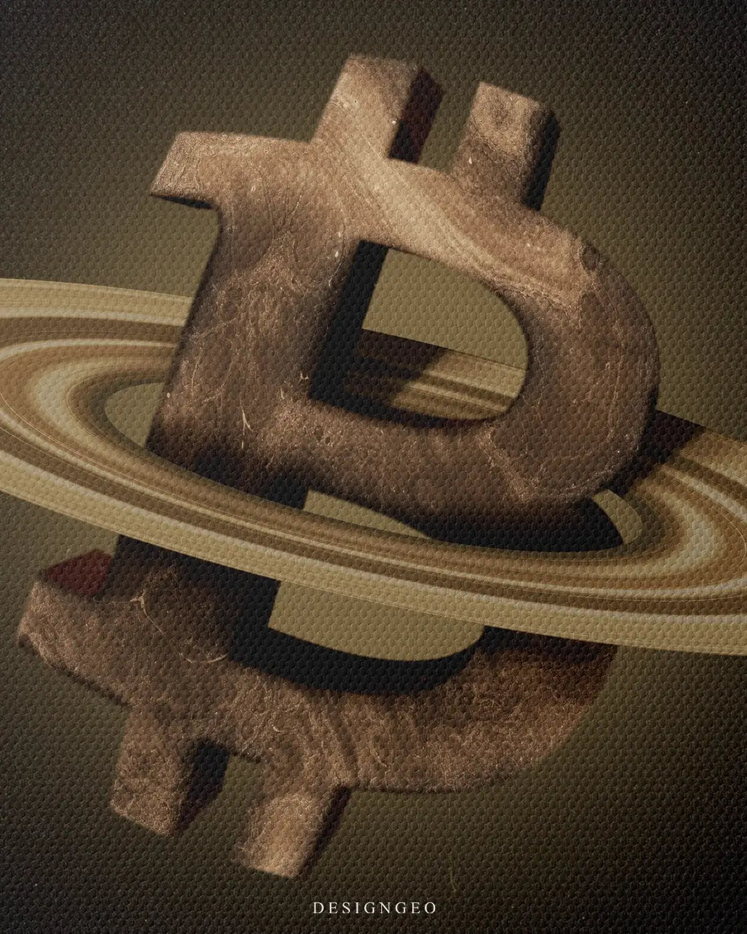 Artistic canvas illustration of a golden Bitcoin planet, symbolizing the "Plan B" financial system and global digital wealth in a sleek, high-contrast style