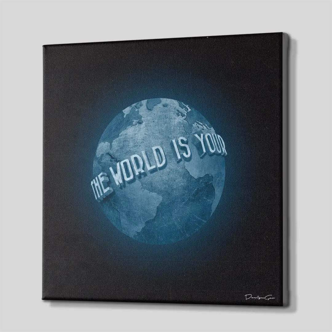 Side angle of the motivational globe and world map canvas print, highlighting the high-quality gallery wrap finish and the professional 3D frame depth