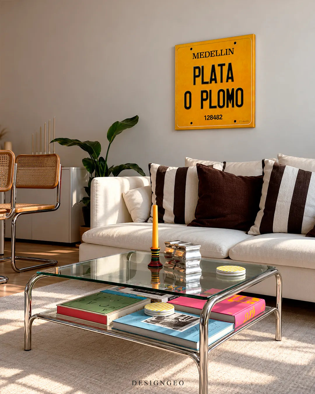 Plata O Plomo yellow Medellin license plate square canvas wall art mounted on light gray wall in modern living room above white sofa 0.75 inch thin wrap