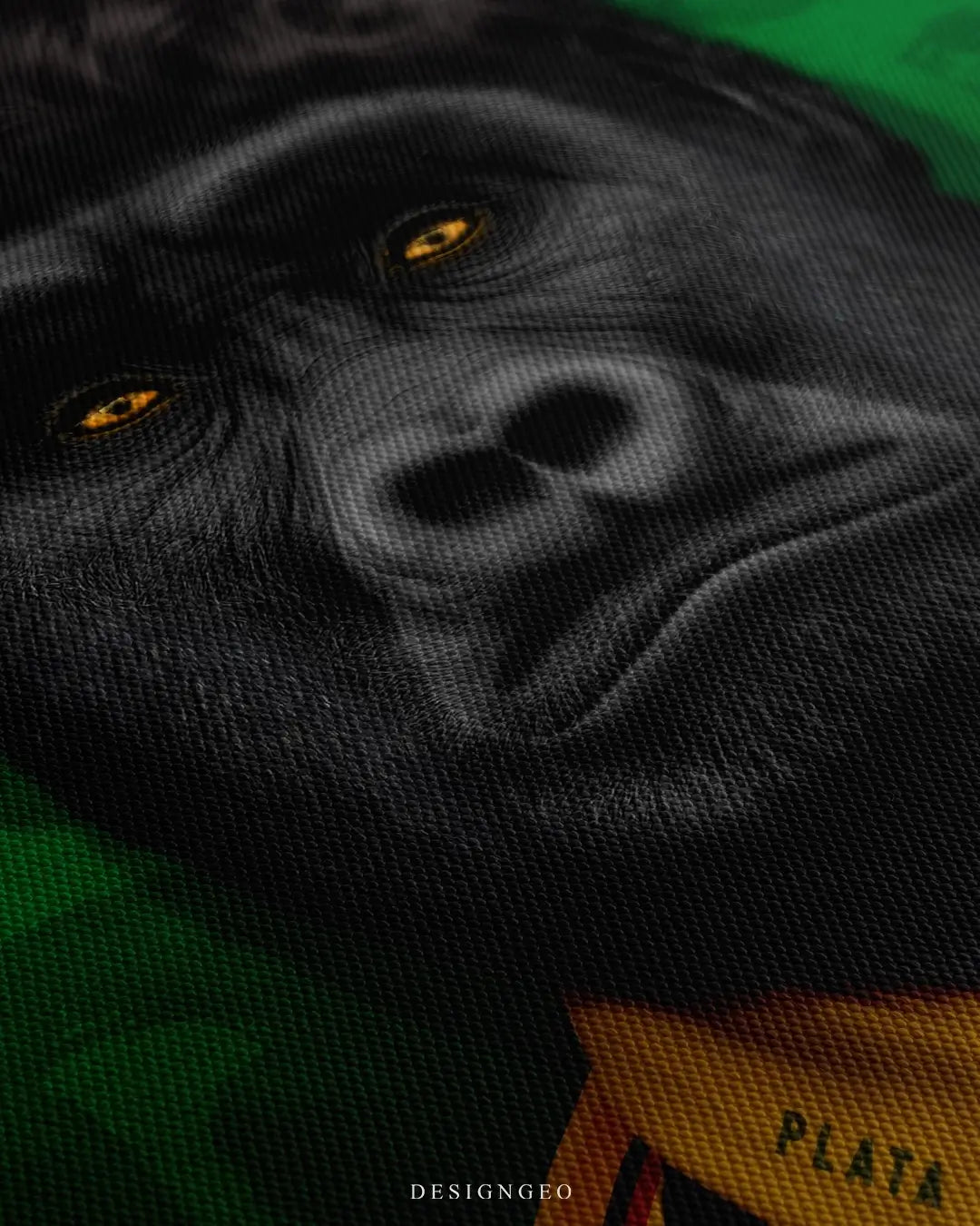 Close-up of vibrant pop art featuring a gorilla in a Colombia football jersey with a gold chain and a cigar, set against a deep emerald green background
