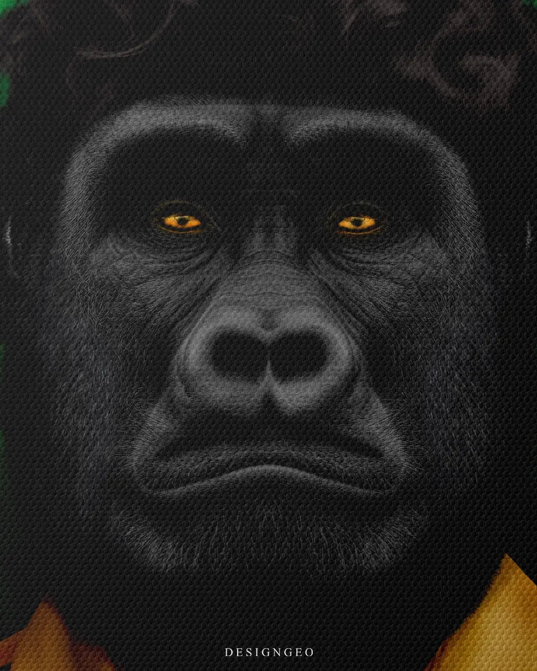 Artistic canvas illustration of a mobster gorilla wearing the Colombian national team shirt, symbolizing power and cultural pride in a bold modern art style