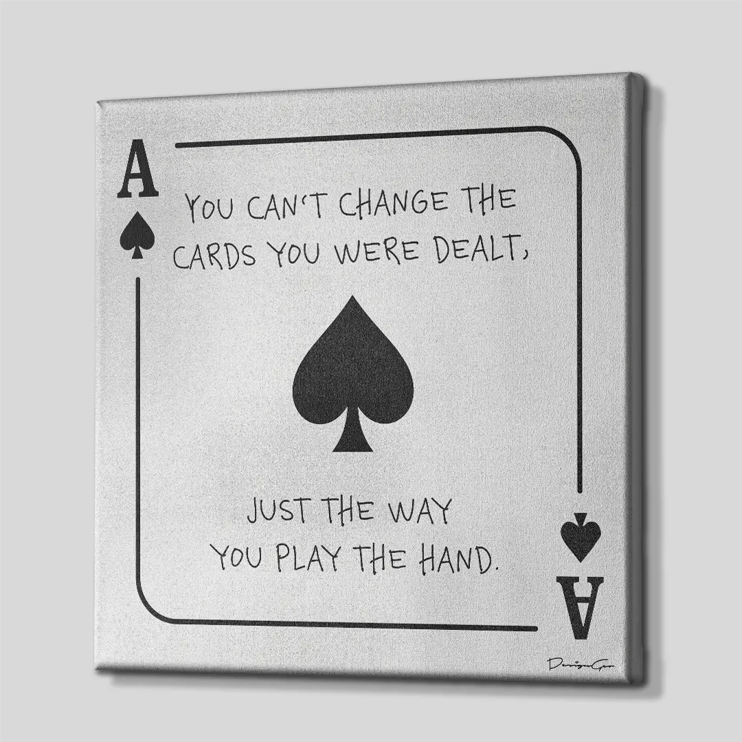 Three-quarter side angle of the Ace of Spades motivational canvas wall art showing gallery-wrapped light gray printed edges mounted on a sturdy wooden stretcher frame