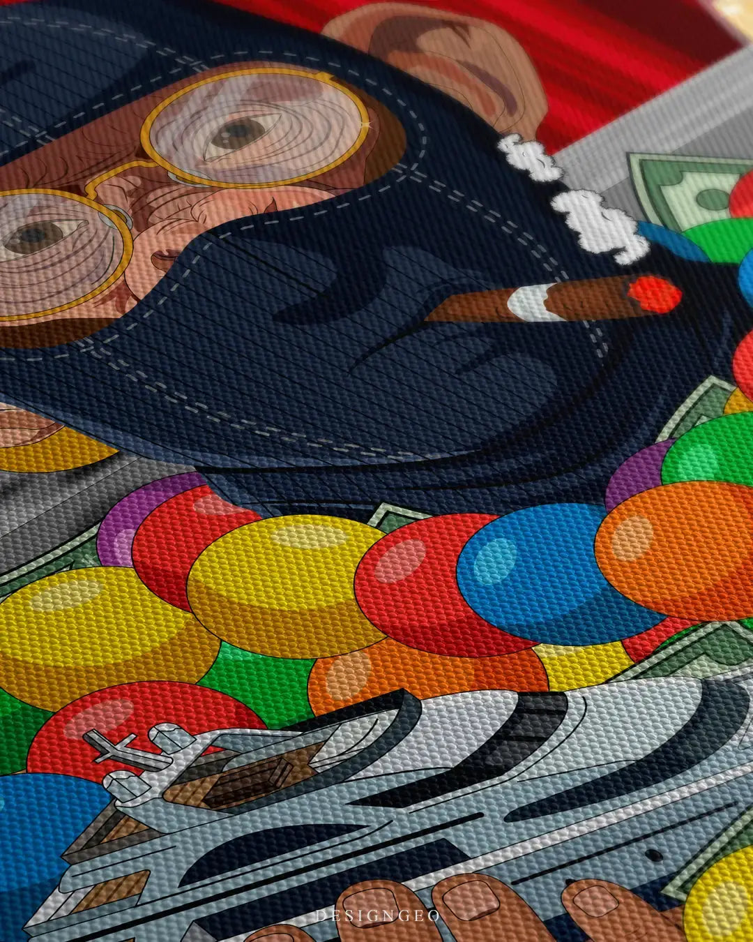 Extreme close-up view of a canvas wall art featuring a cartoon primate wearing glasses and a balaclava while smoking a cigar, with visible woven fabric texture