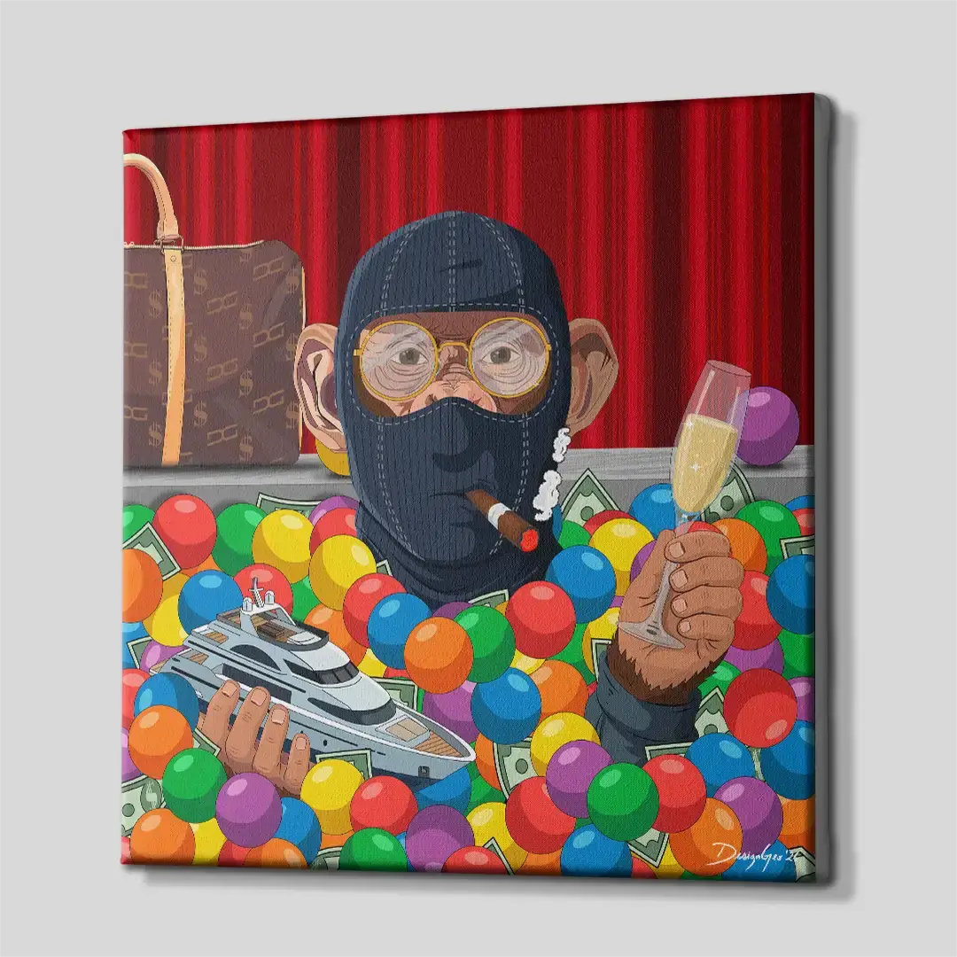 Perspective view from the right of a square pop art canvas print, showing the wrapped edges of the primate in a ball pit design against a grey wall