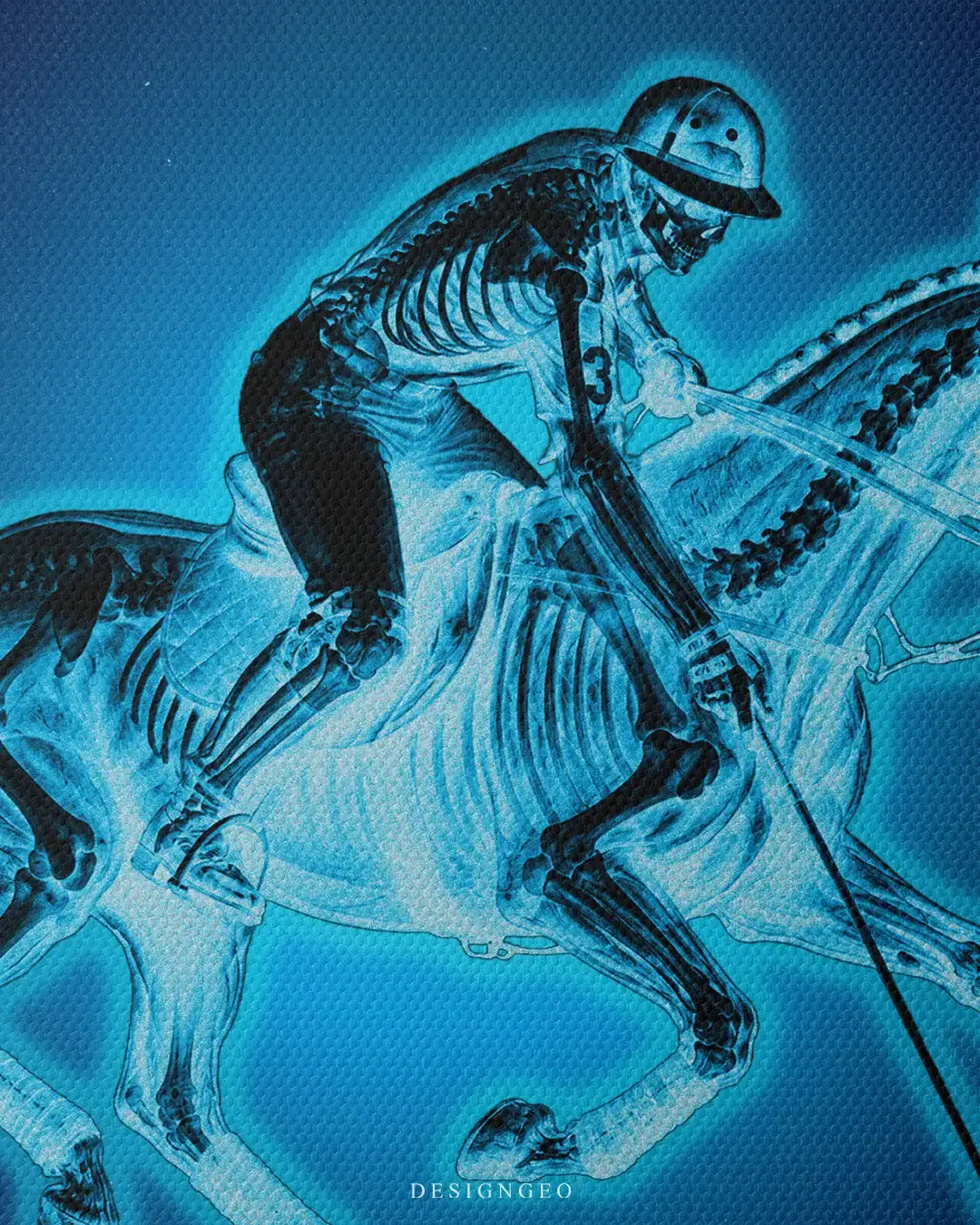Detailed view of the "Polo Anatomy" art, showcasing the glowing skeletal lines, the precise posture of the rider, and the premium canvas texture
