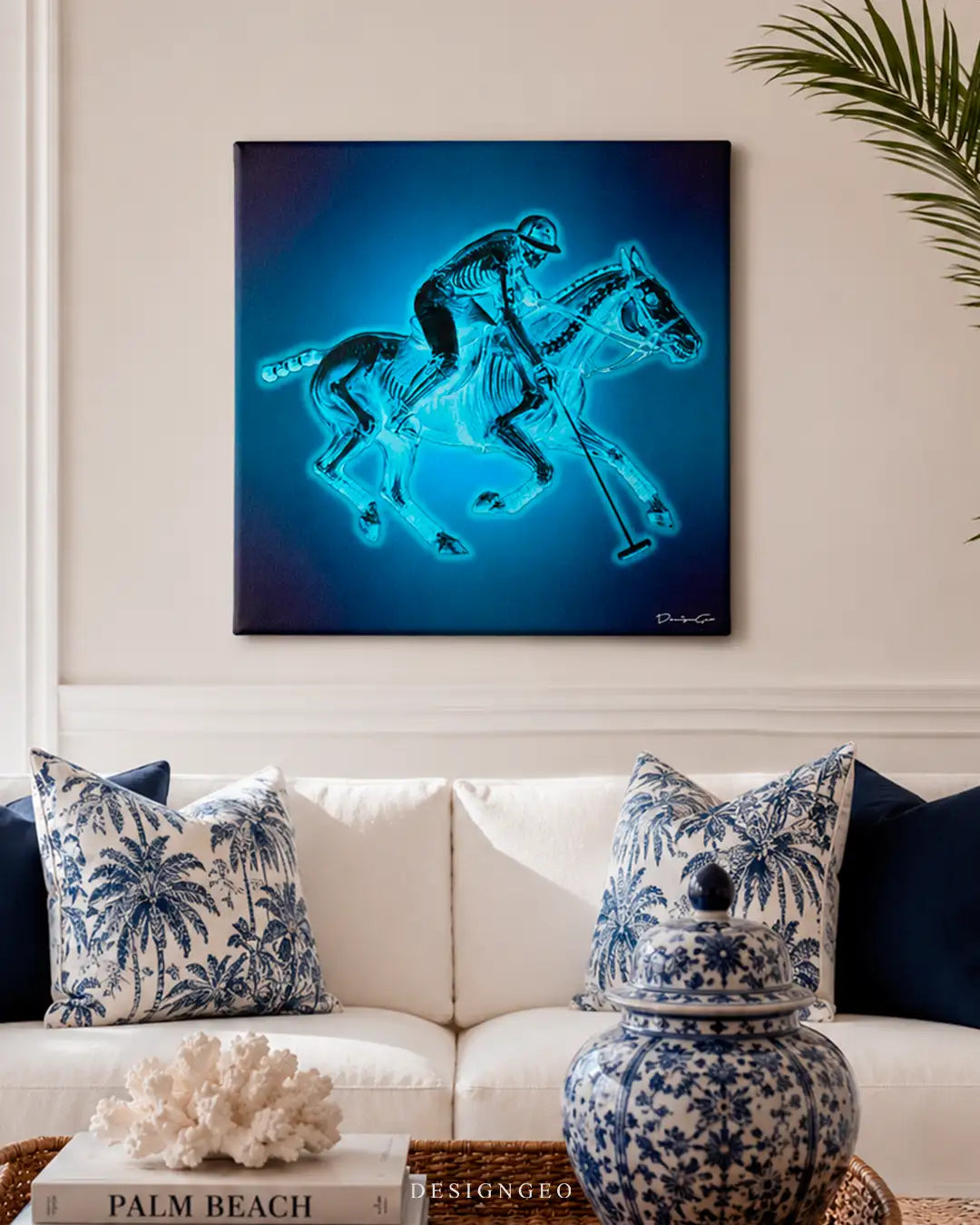 Contemporary living room setting displaying the polo player X-ray square canvas print, adding a luxury aesthetic to modern interior home decor or executive offices