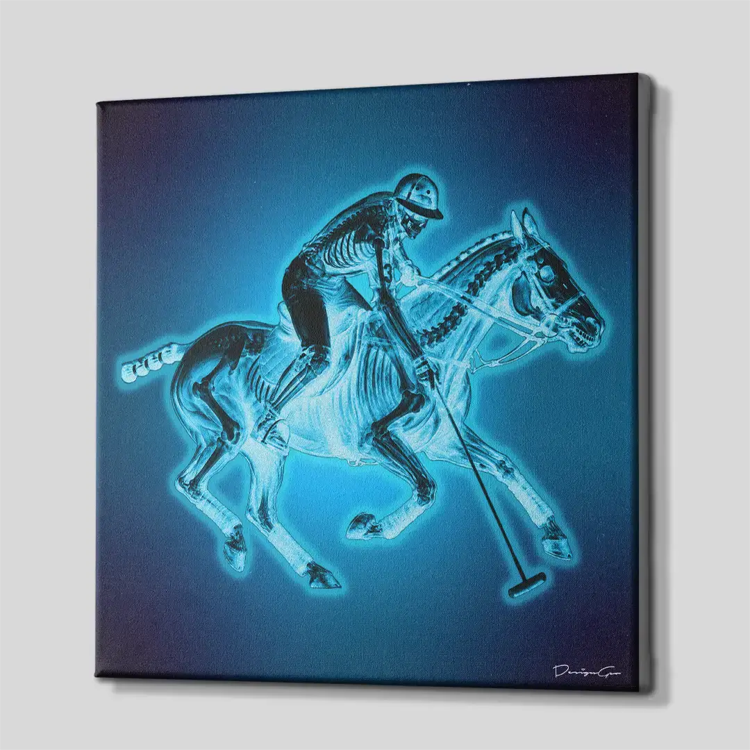 Side angle of the polo horse anatomy motivation canvas print, highlighting the high-quality gallery wrap finish and the professional 3D frame depth
