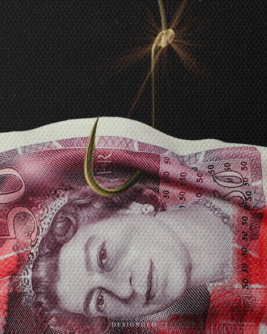 Extreme macro close-up of a 50 GBP banknote canvas print showing a sharp golden fishing hook piercing through the paper currency on a black background with visible fine canvas texture