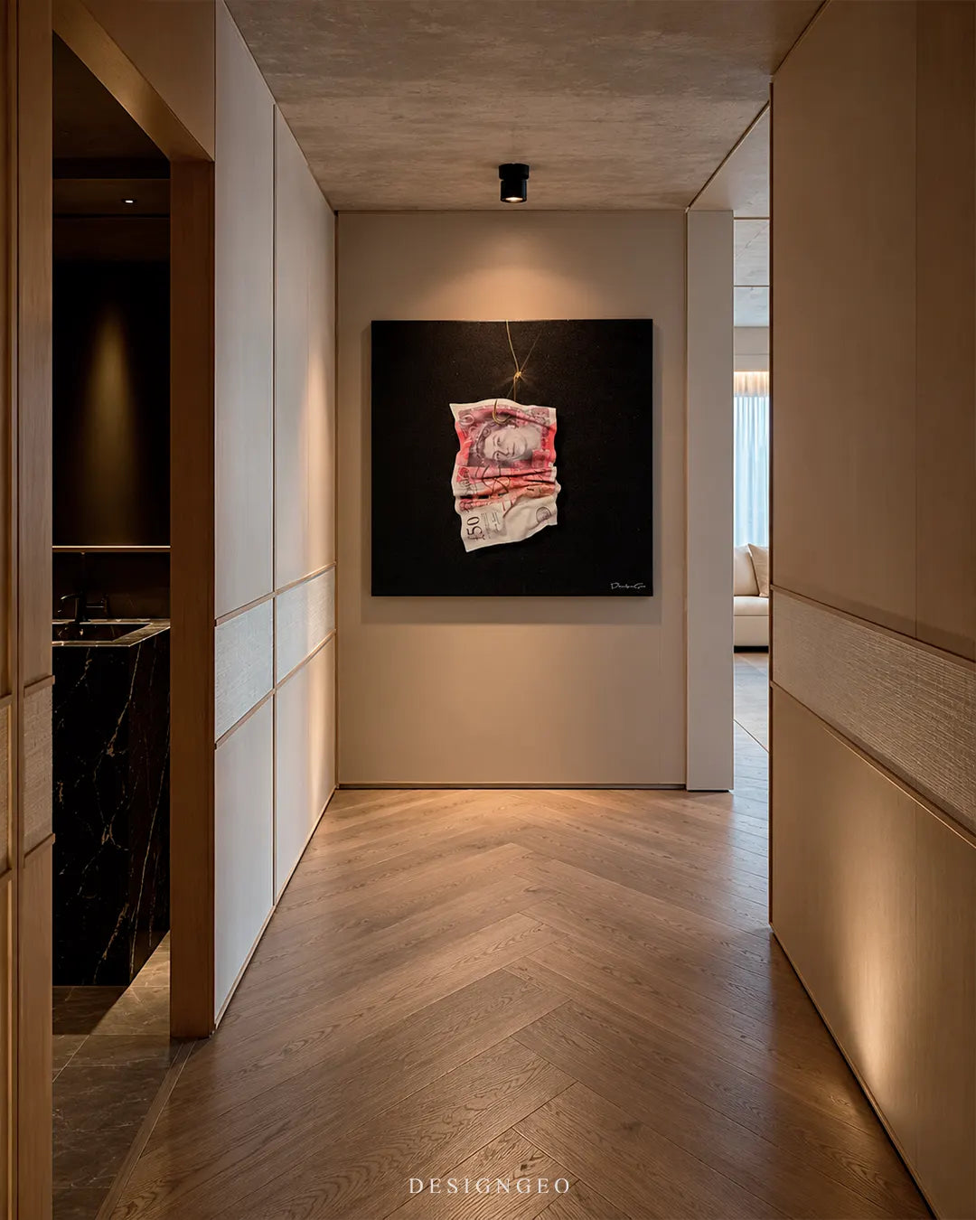 Pound Bait crumpled fifty pound note on fishing hook square canvas wall art mounted on wall in luxury hallway 0.75 inch thin wrap