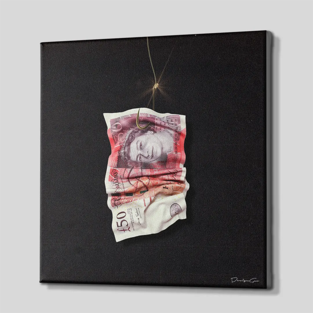 Side perspective view of a square black canvas art print displaying a crumpled 50 GBP banknote hooked on a fishing line showing wrapped canvas edges against a studio background