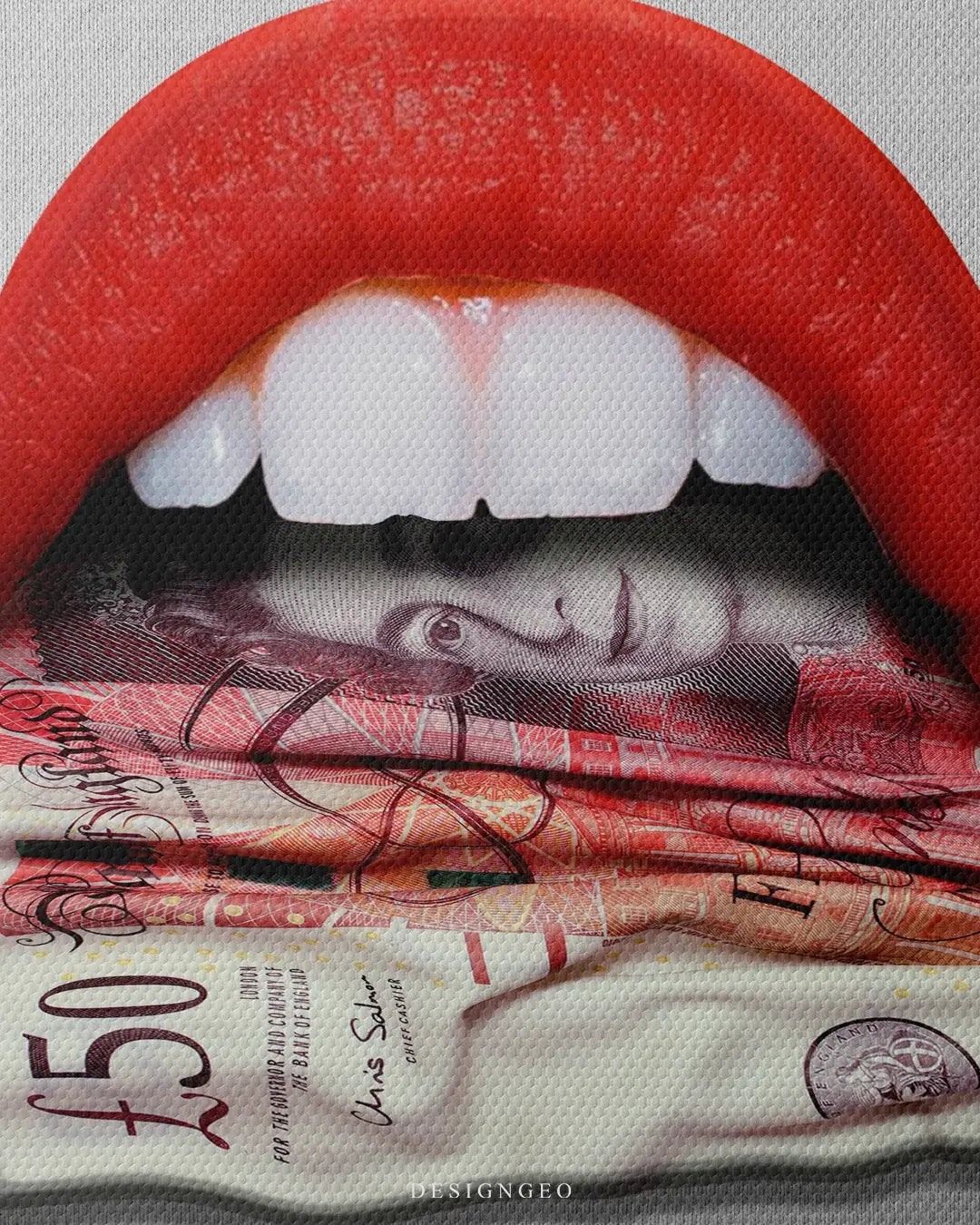 Artistic canvas illustration of a mouth with a 50 Pound bill, symbolizing the power of financial influence and modern wealth in a sophisticated pop art style