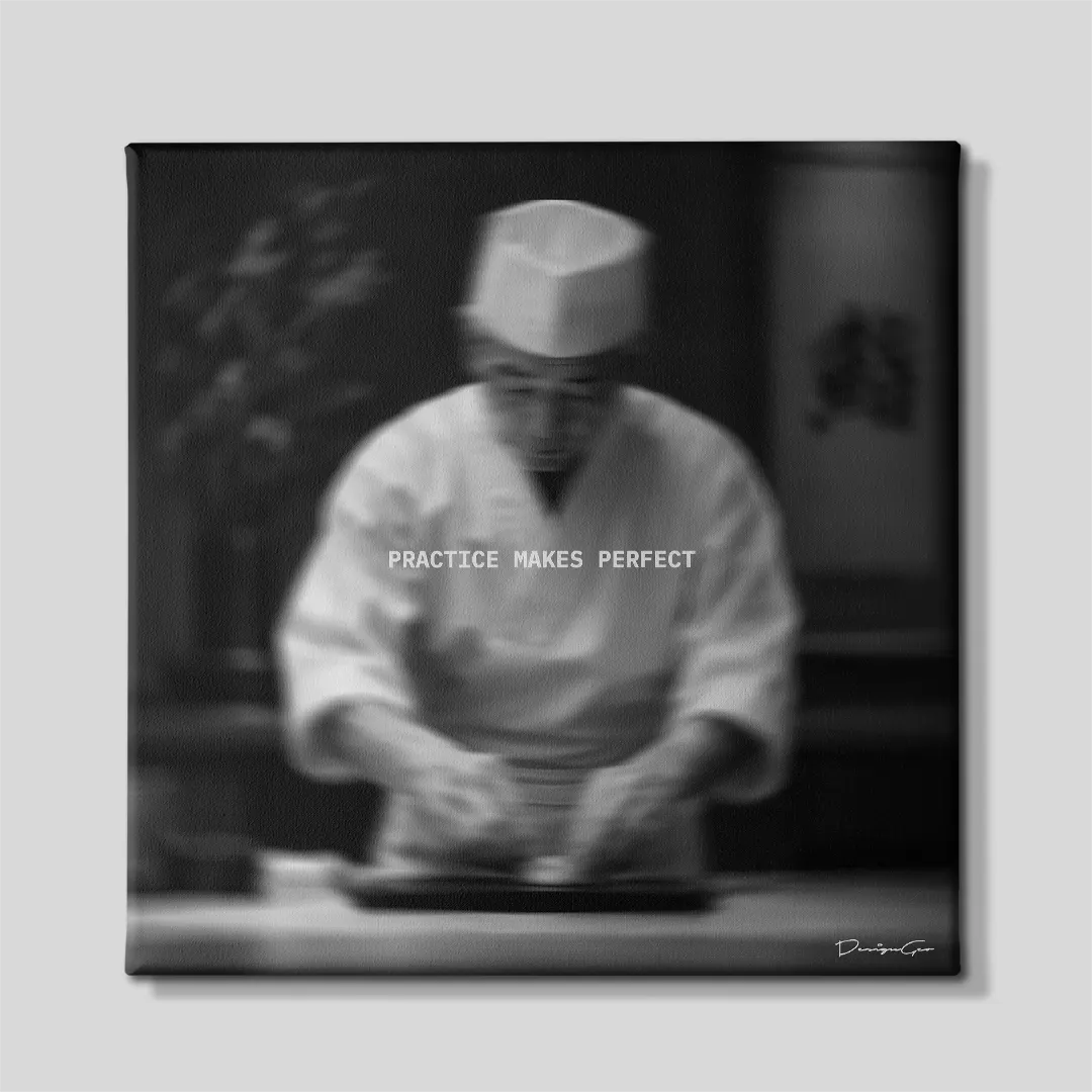 Practice Makes Perfect Japanese chef preparing sushi with motivational typography square canvas wall art front view 0.75 inch thin wrap
