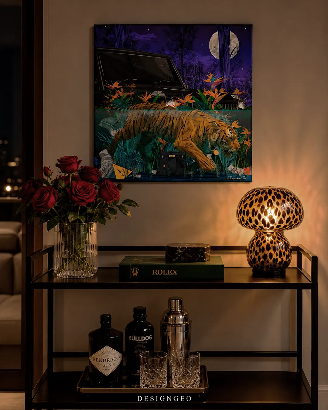 Predator Protocol tiger underwater jungle nighttime pop art square canvas wall art mounted on wall in luxury home bar above bar cart 0.75 inch thin wrap