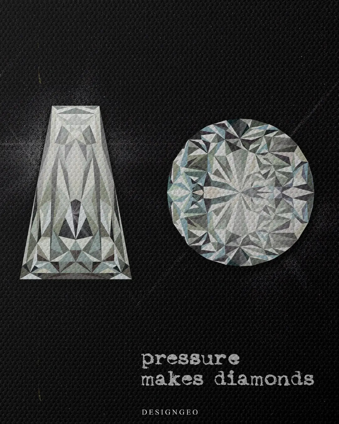 Inspirational canvas print featuring sparkling diamonds and the quote "Pressure makes diamonds" in a modern font against a solid black background