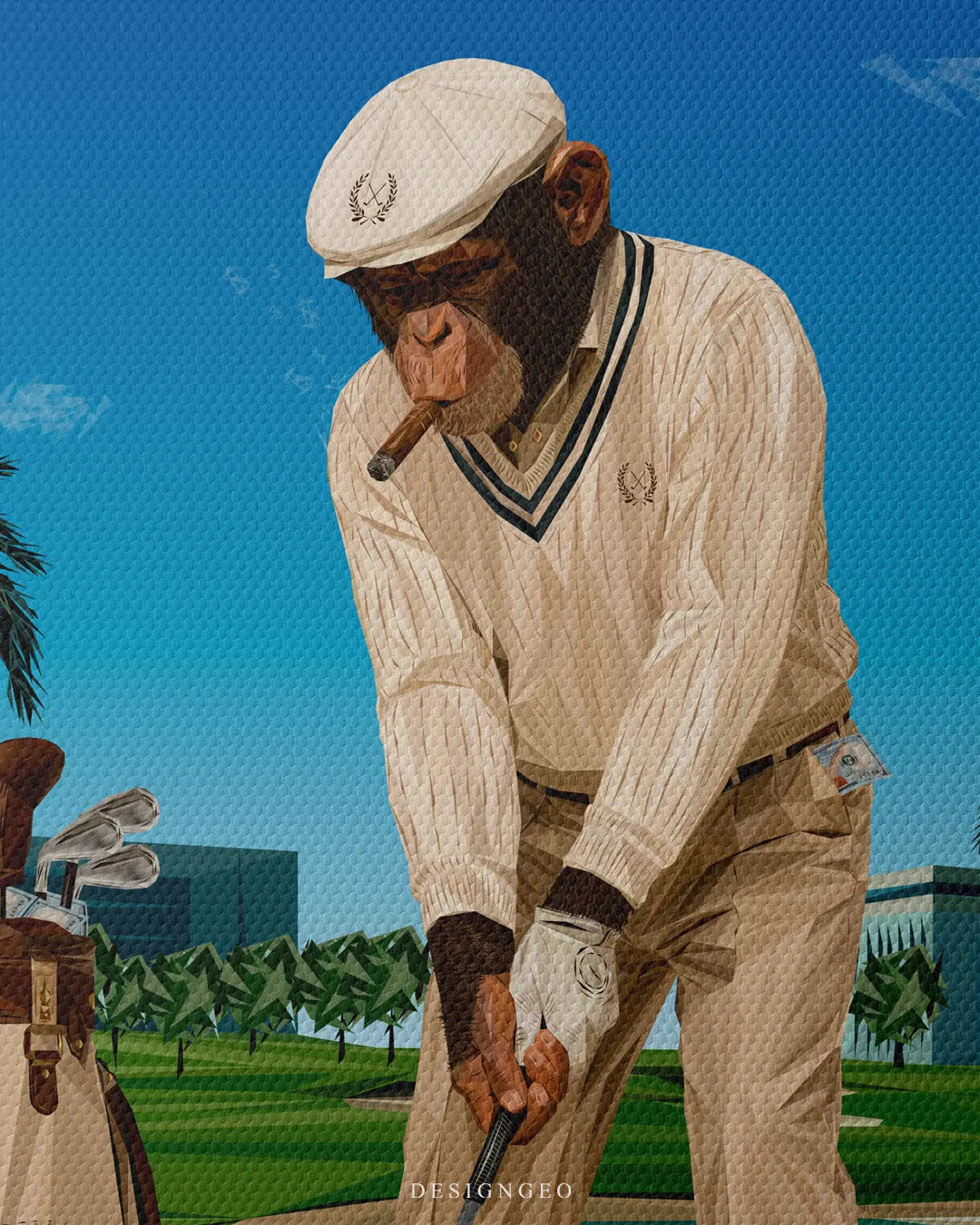 Medium shot close-up highlighting a smoking chimpanzee wearing a flat cap, V-neck sweater, white golf glove, and holding a putter on the green