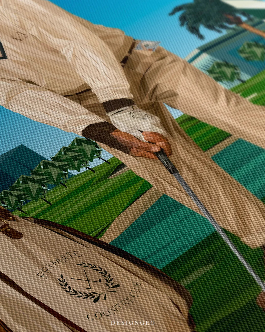 Angled macro view detailing fine woven canvas texture, a vintage leather golf bag branded Primate Country Club, and geometric golf course artwork
