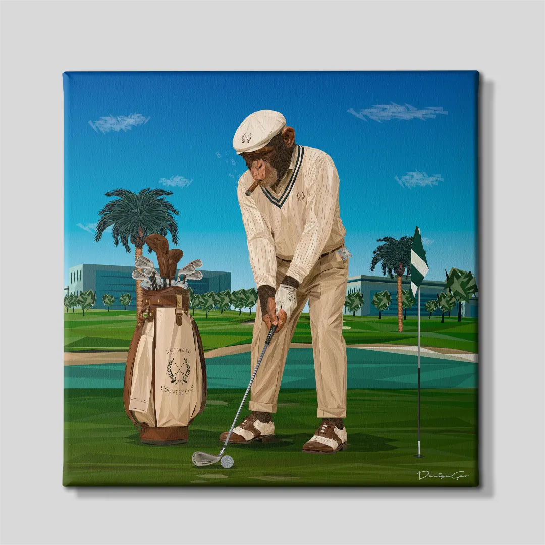 Front view of a square canvas print featuring a chimpanzee wearing vintage beige golf attire and smoking a cigar while putting on a luxury golf course green