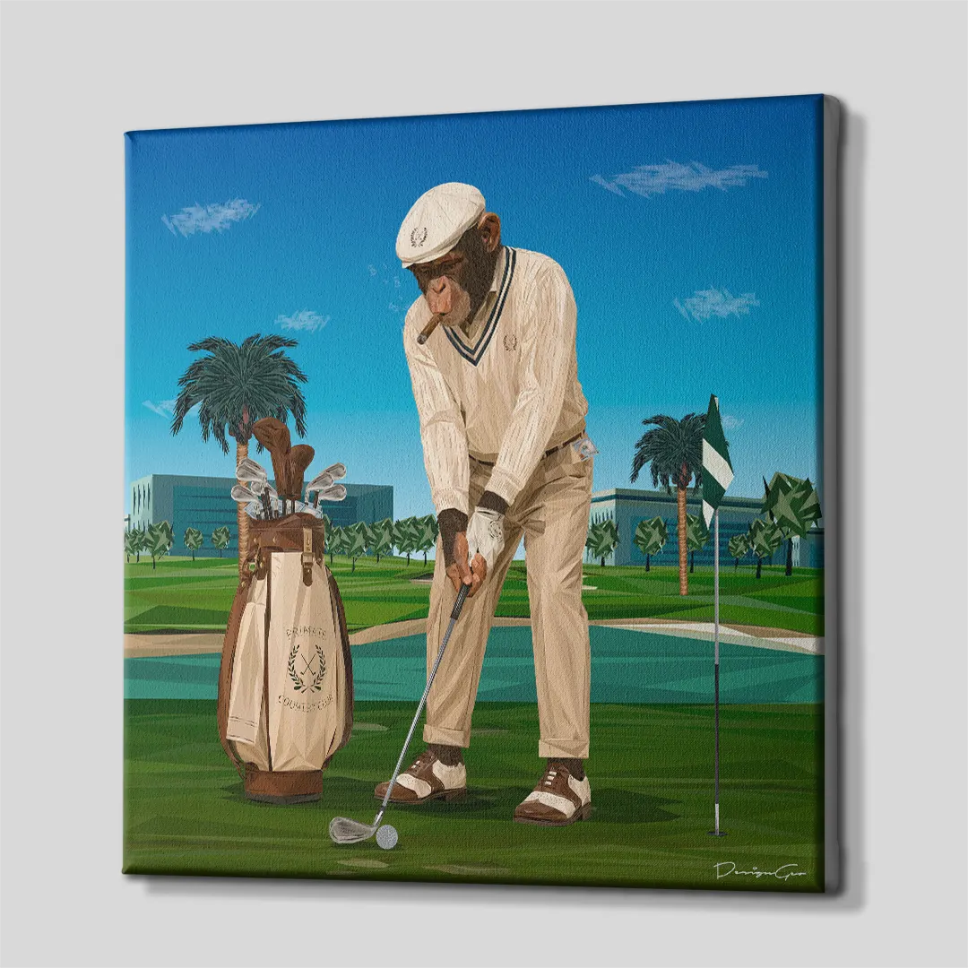 Three-quarter side angle of the chimpanzee golfer canvas wall art showing gallery-wrapped printed edges mounted on a sturdy wooden stretcher frame