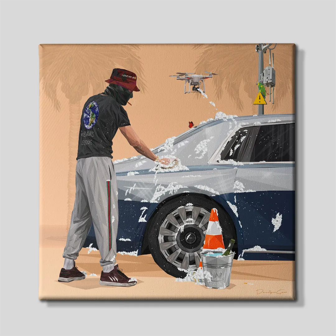 Front view of a square canvas print featuring a masked man washing a luxury silver sedan with soap suds, a flying drone, traffic cone, and champagne bucket