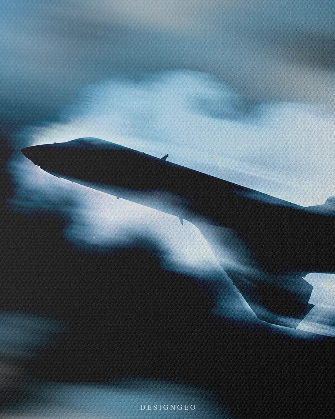 Detailed frontal shot of a sleek private jet soaring at high speed amidst stylized blue and white clouds on professional canvas