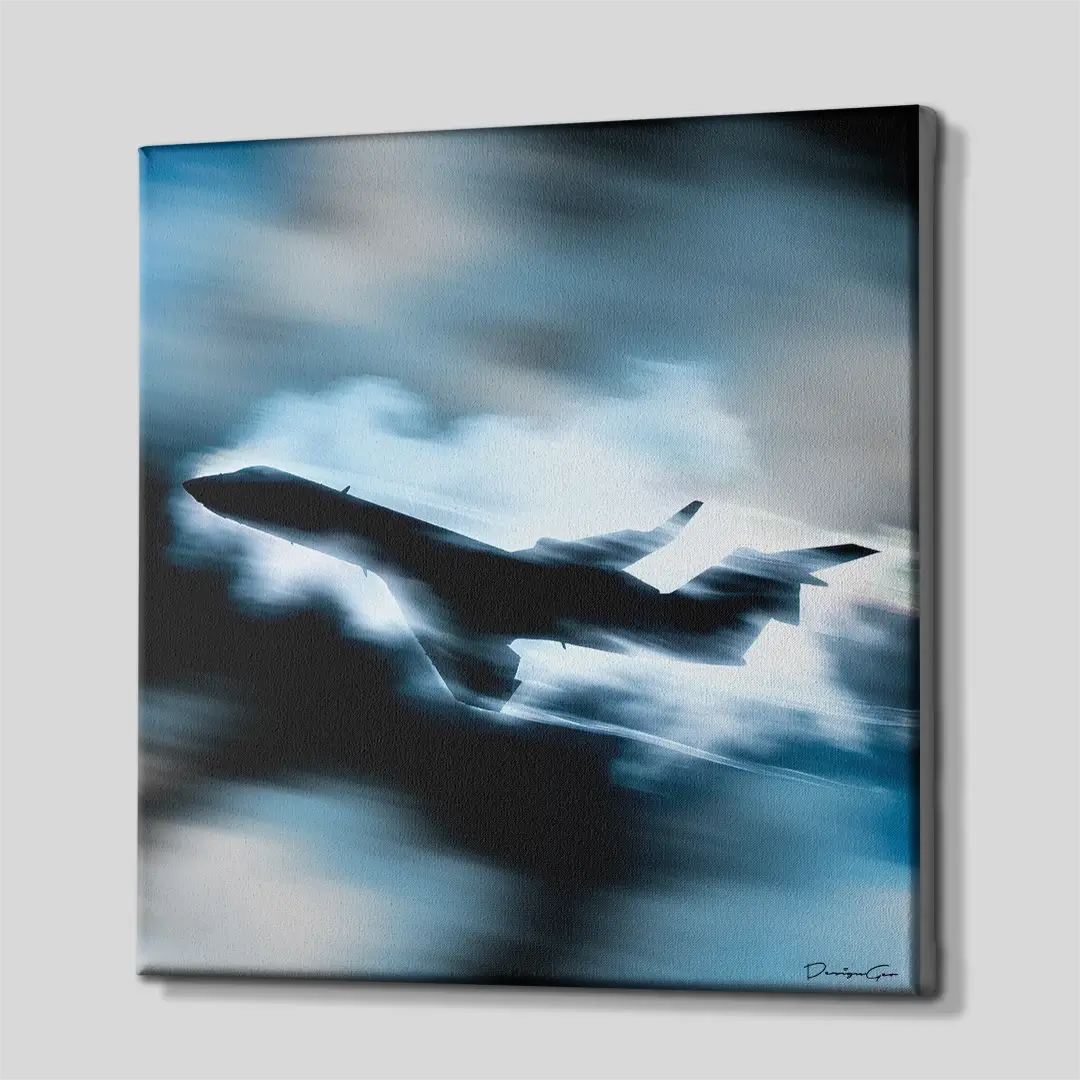 Side perspective of a square private jet canvas print, showing the seamless gallery-wrapped edges and the depth of the professional wooden frame