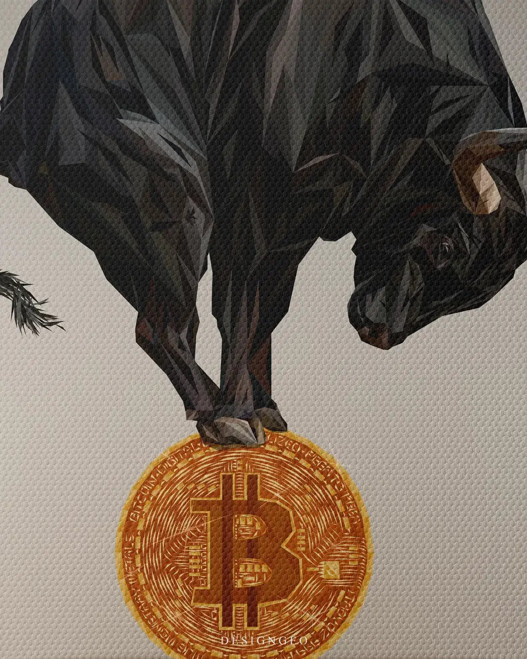 Detailed illustration of a powerful black bull in a balancing pose over a Bitcoin coin, symbolizing crypto market volatility and stability