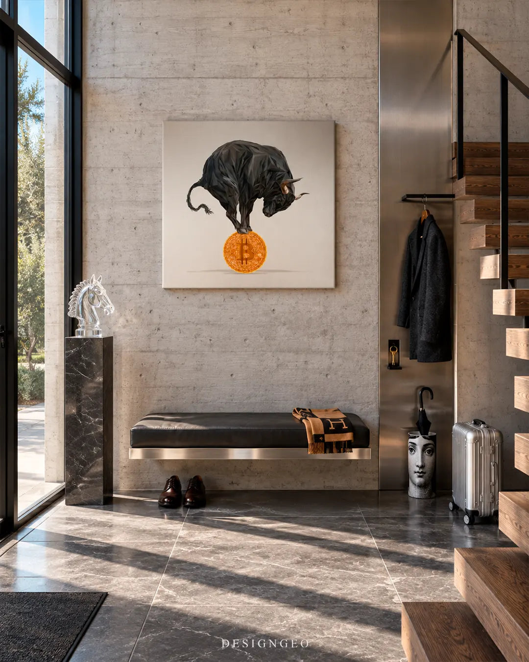 Bitcoin bull balancing on a giant gold BTC coin square canvas wall art mounted on a concrete wall in a modern luxury entryway with a floating bench