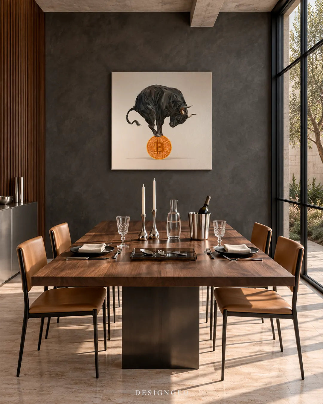 Bitcoin bull balancing on a gold BTC coin square canvas print displayed on a dark grey accent wall in a modern luxury dining room above a wooden table