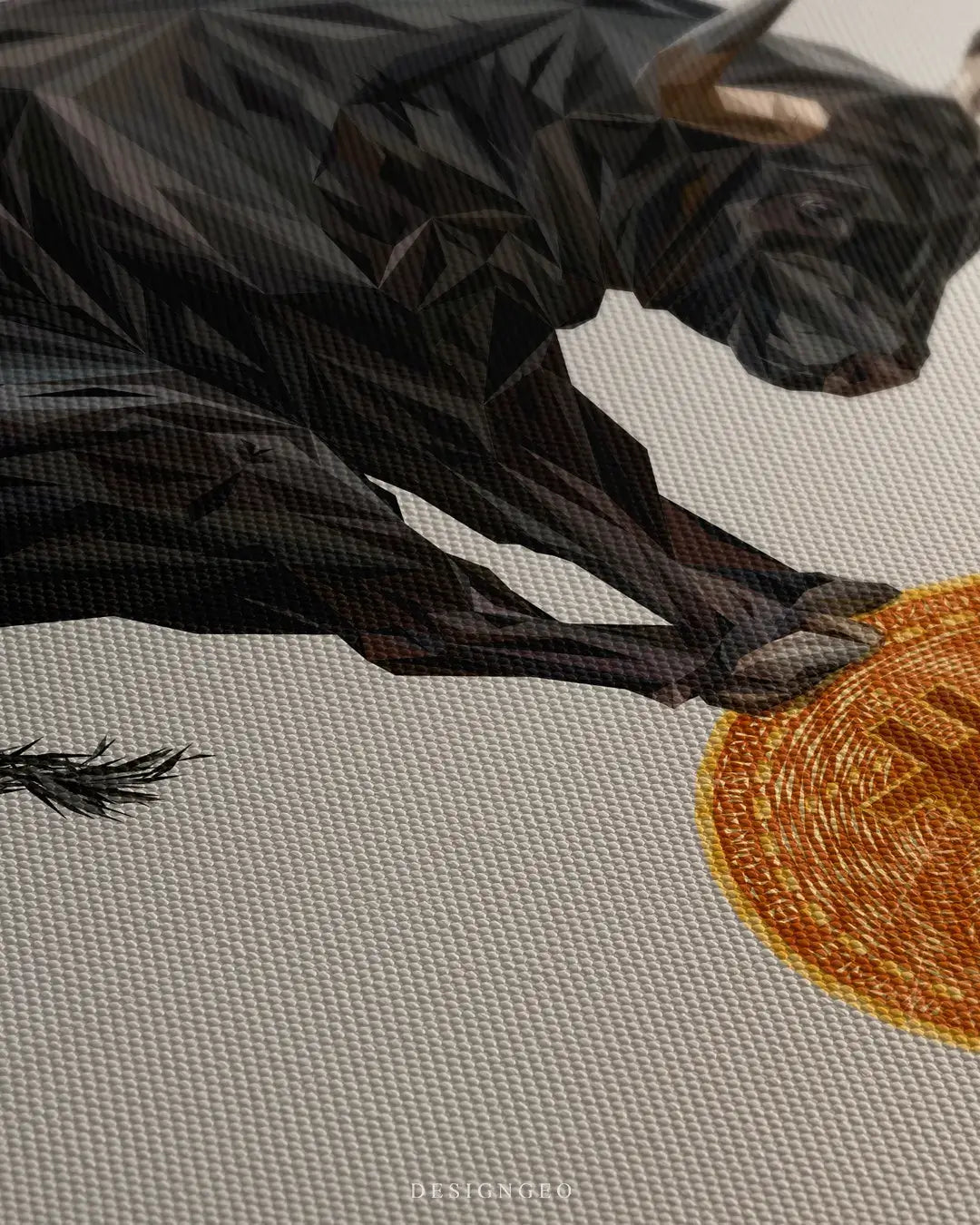 Close-up of a crypto canvas art showing the low-poly geometric texture of a black bull balancing on a golden Bitcoin