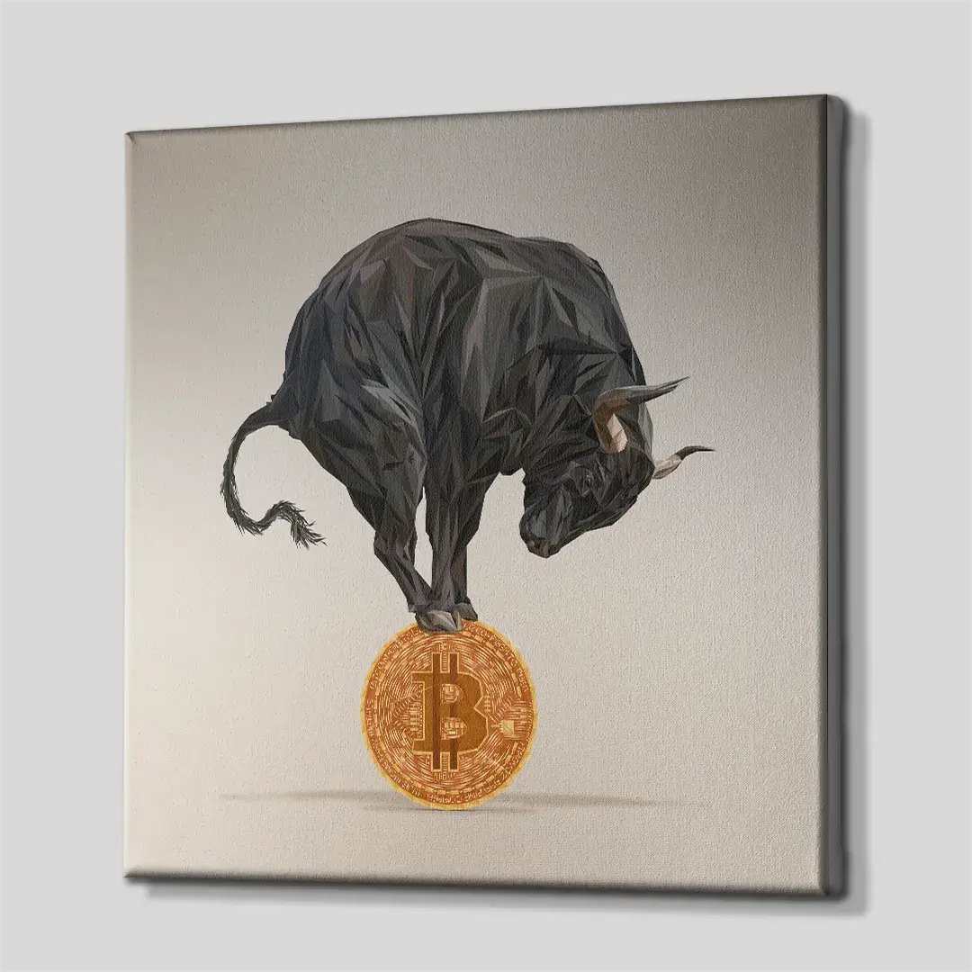 Side angle of the Bitcoin bull market canvas print, displaying the premium gallery wrap finish and 3D frame depth