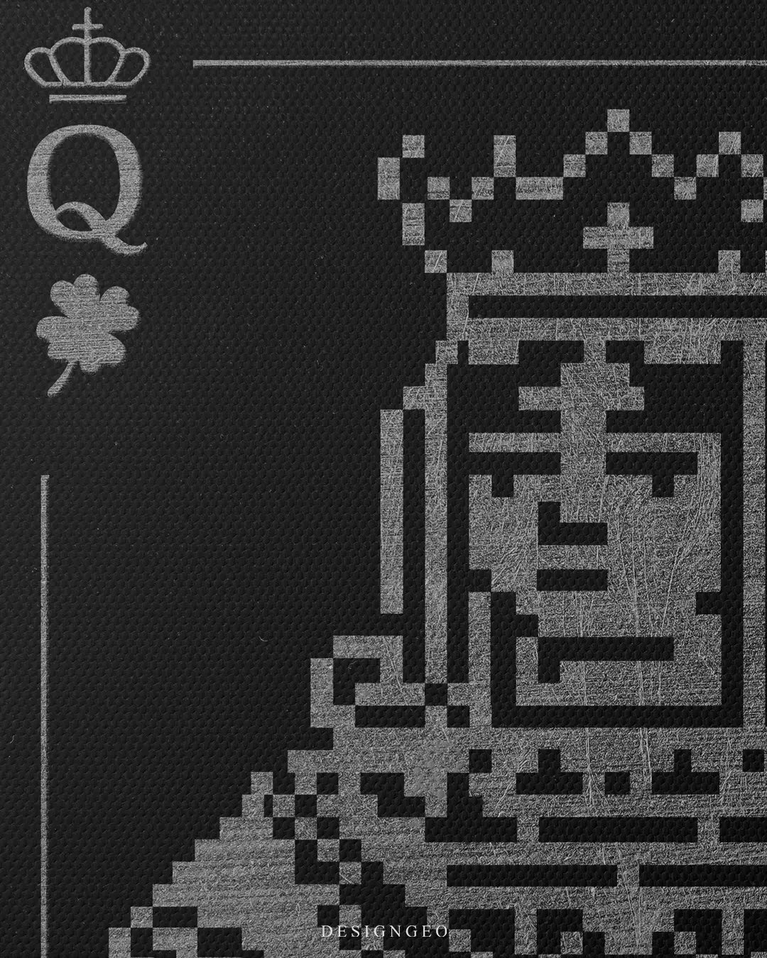 Detailed frontal shot of a pixel art queen with a crown in silver and chrome tones on a solid black background, printed on professional canvas