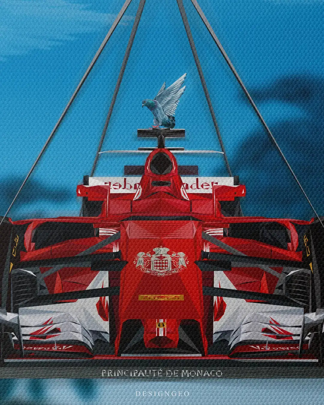 Close-up macro view of the "Race Week" canvas art print, focusing on the intricate low-poly geometric details of the red racing car front wing and a white pigeon perched on top