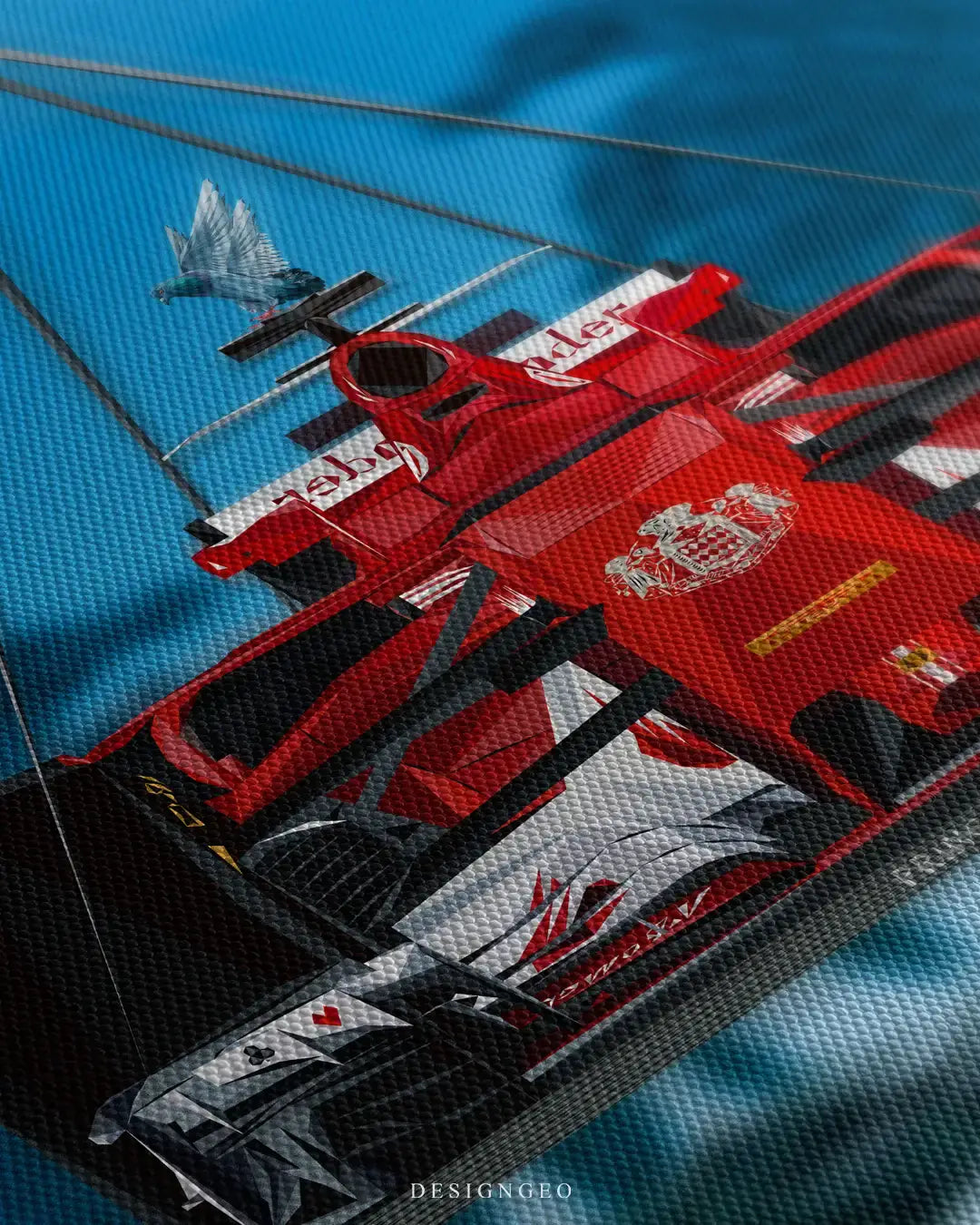 Angled detailed view of the red race car art print, highlighting the rich woven canvas material texture and the vibrant red geometric patterns of the automotive artwork