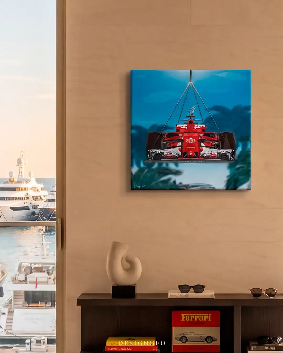 Upscale minimalist living room interior with a scenic harbor view, displaying the square Monaco formula racing car canvas print mounted on a beige wall above a sleek modern credenza