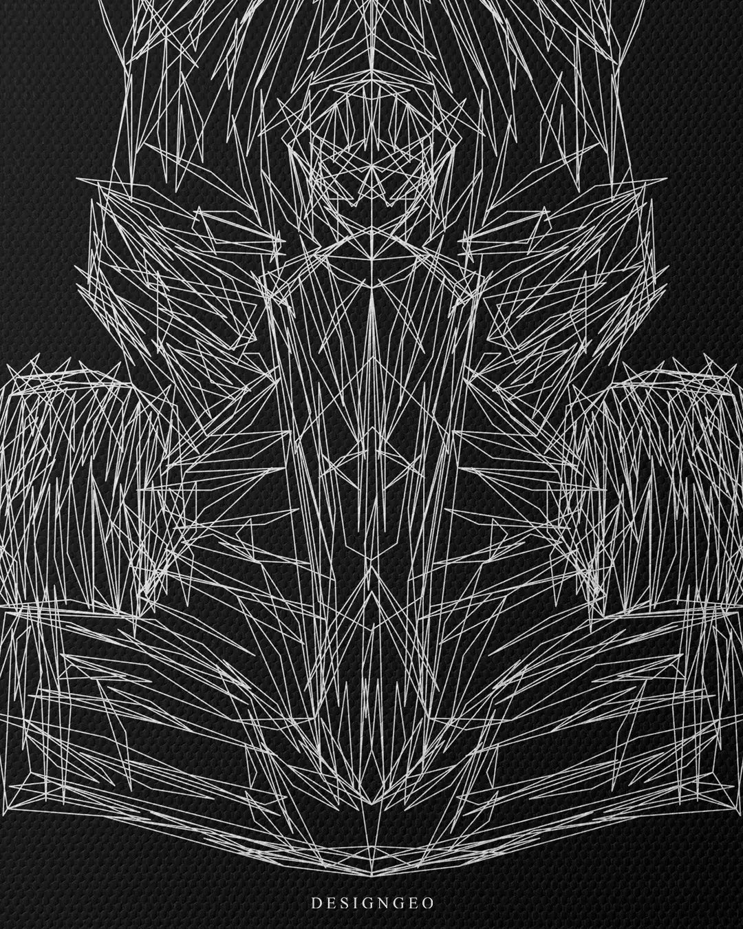 Close-up of minimalist motorsport wall art titled Racing Car, featuring detailed white geometric lines and technical silhouette patterns of a formula racing car on a dark background