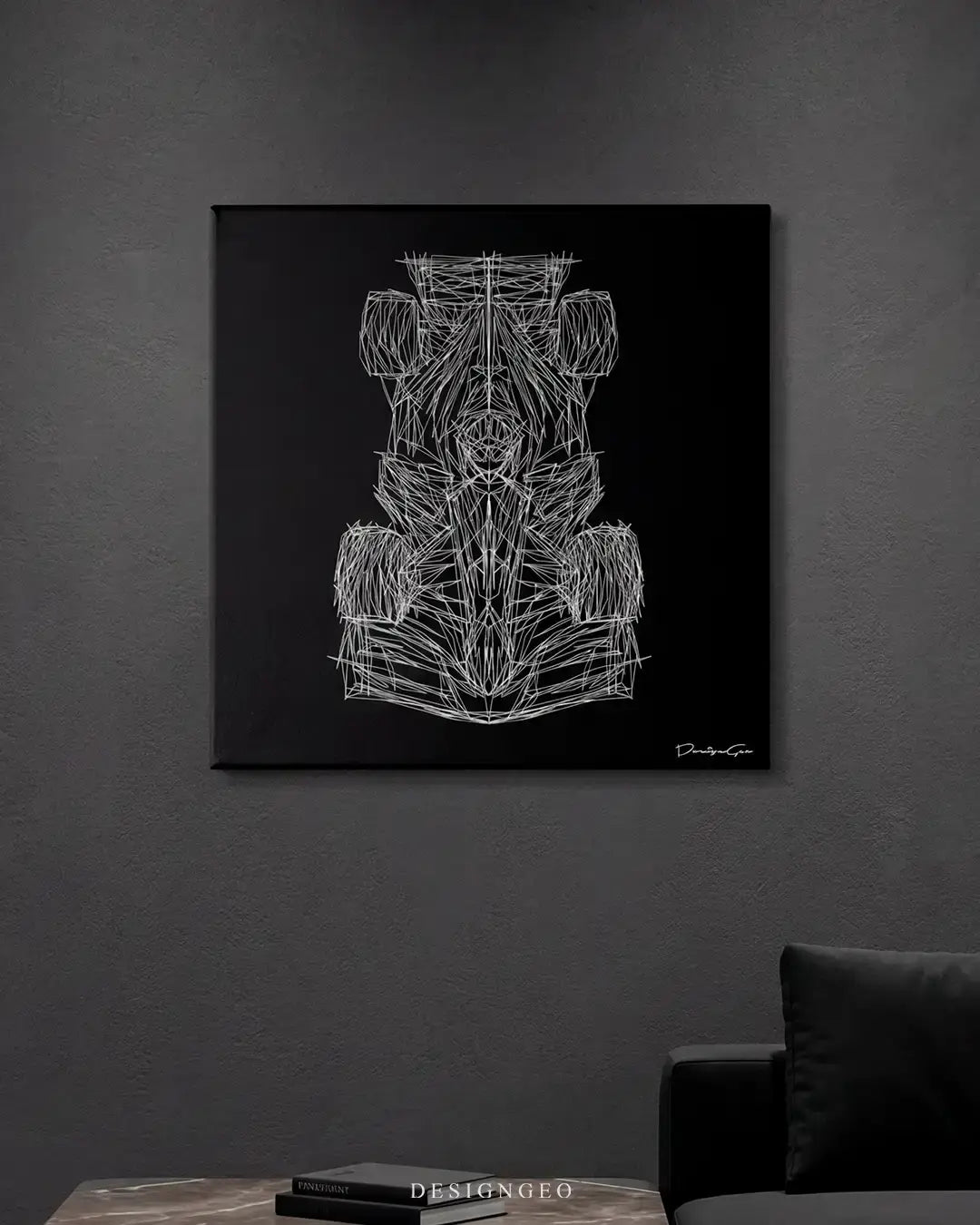 Modern office interior displaying the minimalist Racing Car square canvas print above a sofa, adding a sophisticated motorsport aesthetic to contemporary home decor