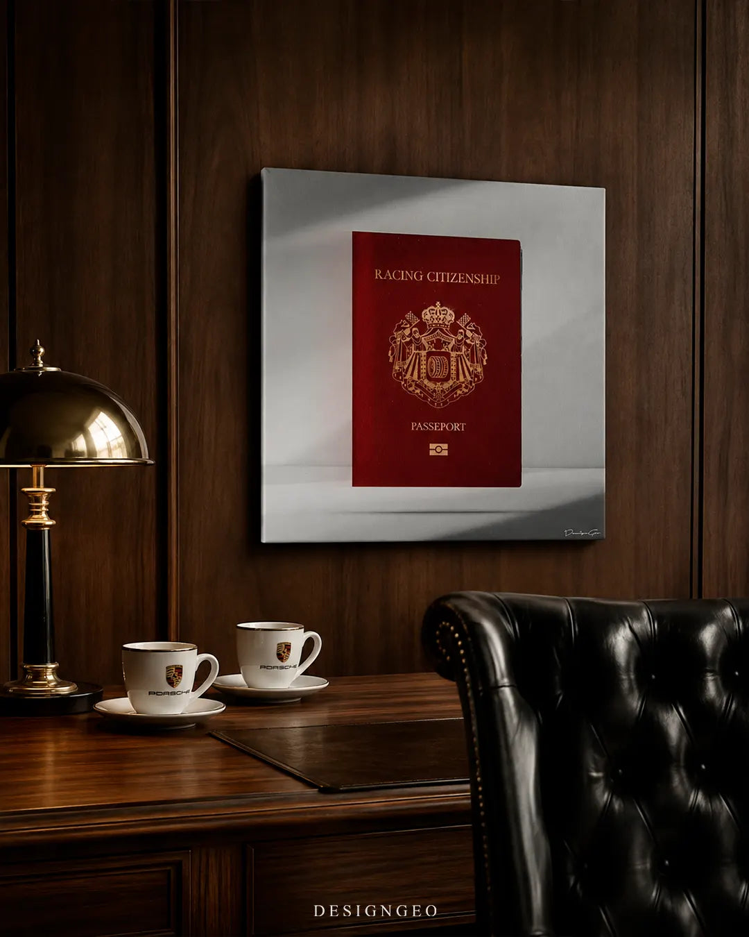 Square Racing Citizenship passport canvas wall art mounted on a dark wood-paneled wall in a luxury executive office above a wooden desk with a brass lamp and espresso cups