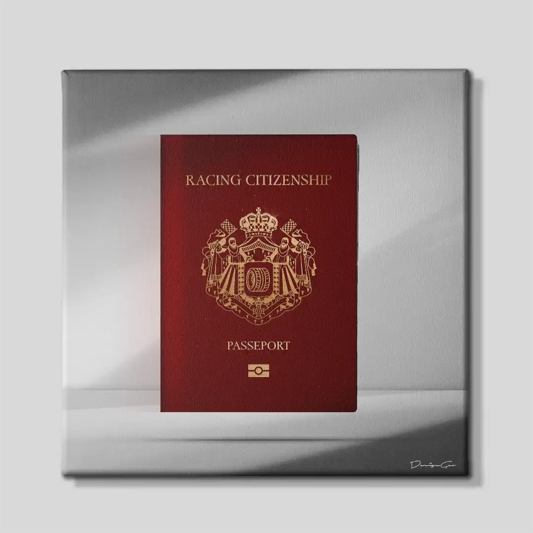 Front view of the racing passport square canvas wall art, a premium decorative piece for modern garages, home offices, or automotive-themed living rooms