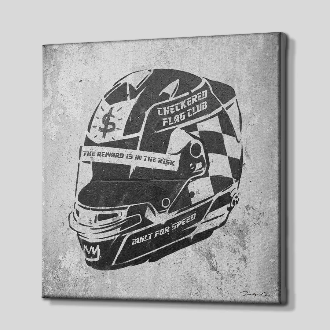Three-quarter angle of the square racing helmet canvas print, displaying clean gallery-wrapped edges mounted on solid wooden stretcher bars against a neutral backdrop