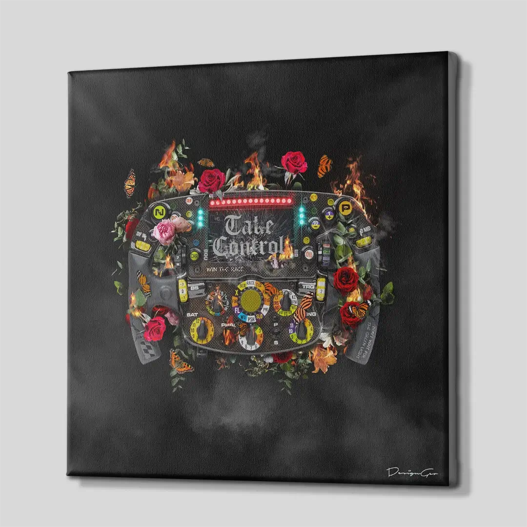 Side angle of the racing steering wheel and fire canvas print, highlighting the high-quality gallery wrap finish and the 3D depth of the wooden frame