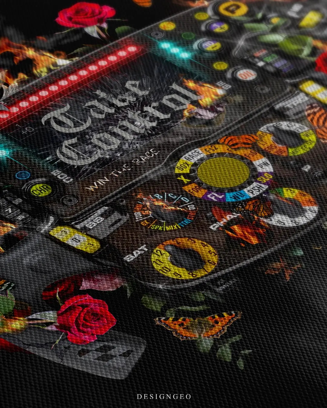 Close-up of an racing steering wheel canvas art showing detailed carbon fiber textures, colorful buttons, and vibrant flames with floral accents on a black background