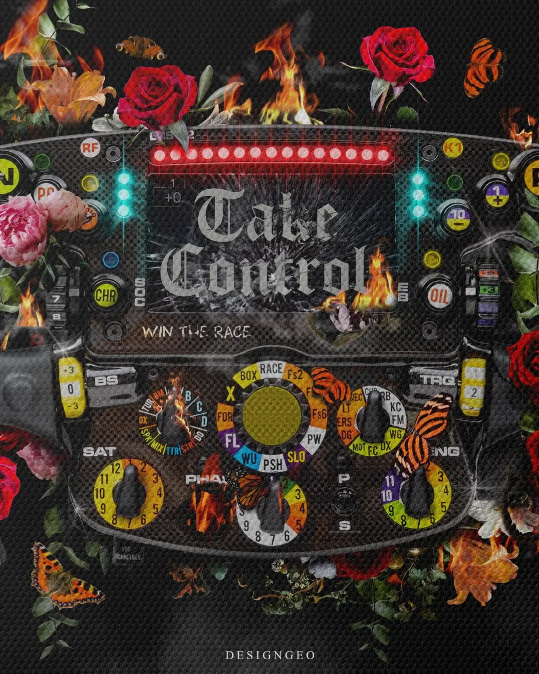 Artistic illustration of a professional racing steering wheel surrounded by fire, smoke, and blooming roses, symbolizing the intense focus and passion of a champion