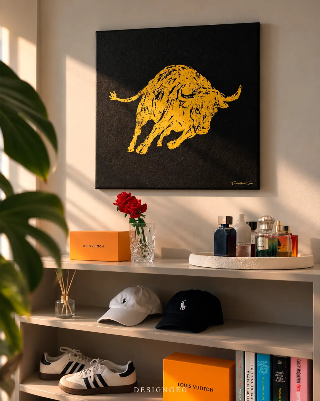 Rampant golden charging bull pop art square canvas wall art mounted on wall in luxury dressing room above shelf with designer items 0.75 inch thin wrap