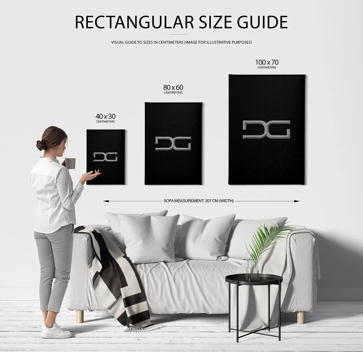 Rectangular canvas wall art size guide 40x30 cm 80x60 cm 100x70 cm wall size comparison